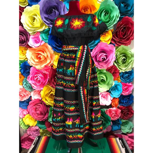 Mexican 3 piece set Blouse Cambaya skirt elastic waist and belt or mini rebozo - Picture 4 of 5